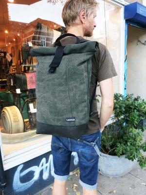 Upcycling Backpack, made of bluegrey army tent Canvas, the interior is made of Tarpaulin and Seatbelts 3 sizes